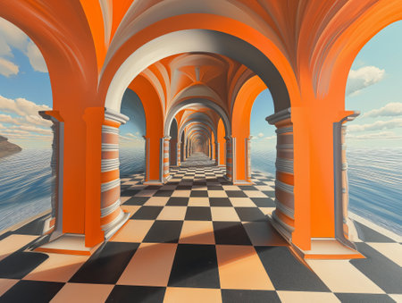 3d illustration of an orange corridor with columns and a tiled floorの素材