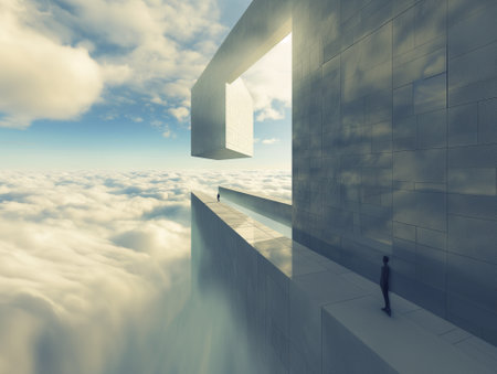 Conceptual 3D businessman standing on an abstract building over cloudsの素材