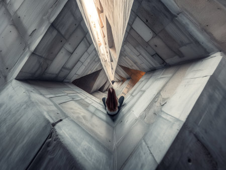 Aerial view of a young woman sitting in an abstract concrete view.の素材