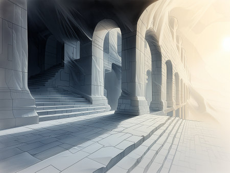 3d illustration of a corridor with archs and stairs, illuminated by sunlightの素材
