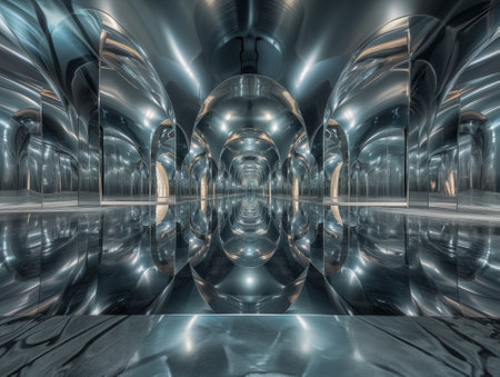 Futuristic architecture interior design with reflective walls, 3D illustration.の素材