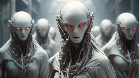 3d rendering of a group of fantasy cyborgs with different expressions.の素材