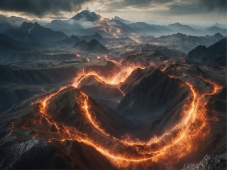 Lava flowing in the volcanic mountains. 3d rendering.の素材