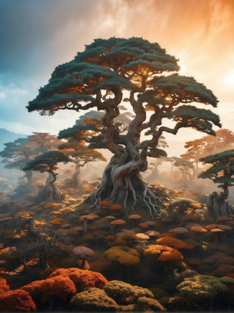 Bonsai tree in the forest at sunset. 3D renderingの素材