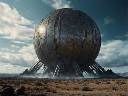 Alien Planet with abstract metal structure - 3D Rendered Illustration.の素材