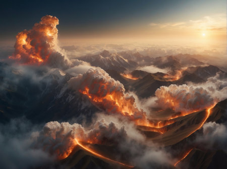 Volcanic eruption in the mountains at sunset. 3D renderingの素材