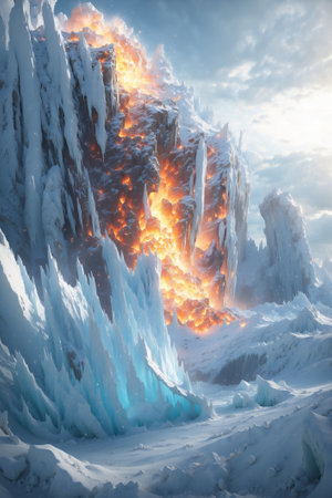Fiery icicles in the mountains. Beautiful winter fantasy landscape with snow.の素材