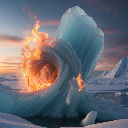 Burning Icebergs in the lake at sunset. 3D illustration.の素材