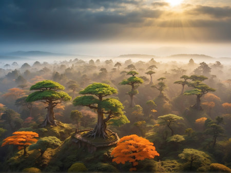Foggy autumn landscape with bonsai trees. 3d rendering.の素材