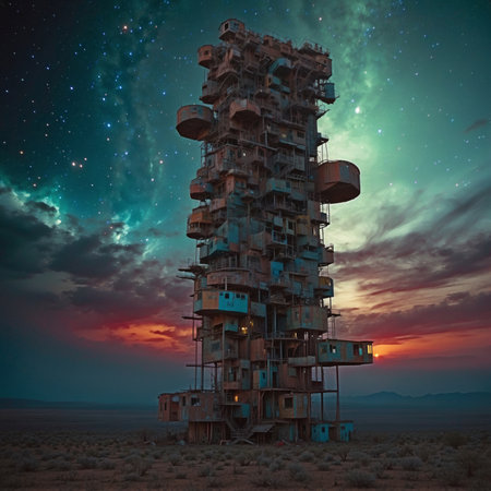Fantasy alien planet with abstract building structure. 3D illustration.の素材