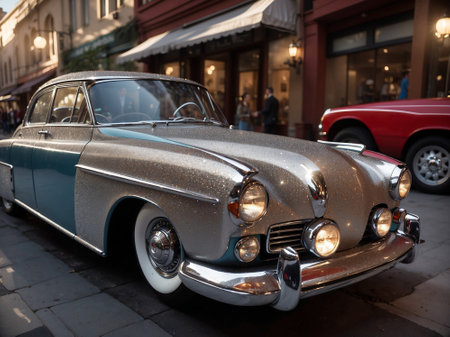 Vintage american car covered in diamonds in a street of the old town.の素材