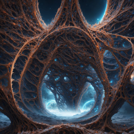 3D surreal illustration of abstract otherworldly structure on alien planet.の素材