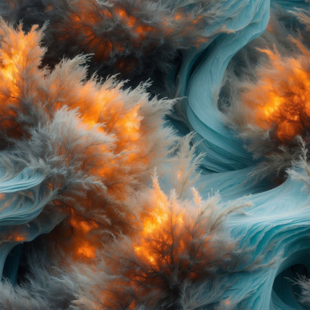 Intricate ice crystals with an orange glow in a fantasy landscape. 3d rendering.の素材