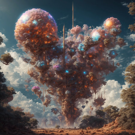 Fractal 3D Illustration of a fantastical explosion in the sky over surreal planet.の素材