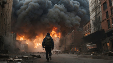 A man in a gas mask walks through the ruins of a destroyed building.の素材