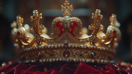 Gold crown on a red cloth in the church. Close-up 3d rendering.の素材