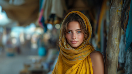 Portrait of a beautiful young woman in a yellow scarf in the street.の素材