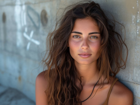 Portrait of a beautiful young woman with long brown hair and blue eyesの素材