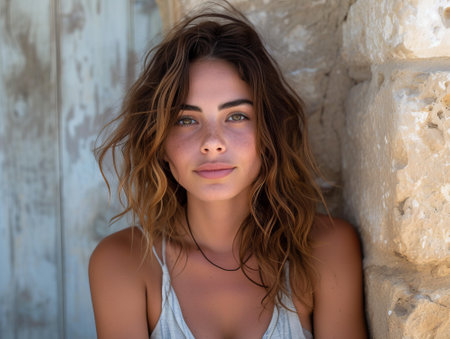 Close up portrait of a beautiful young woman with long brown hair posing outdoors.の素材