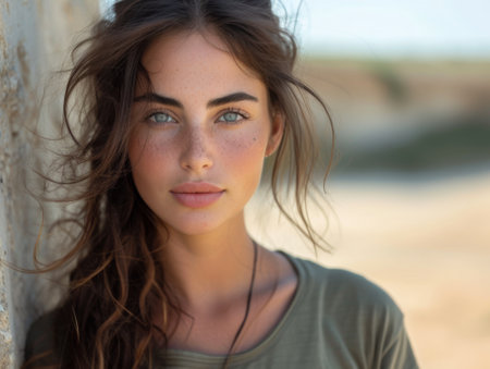 Close up portrait of a beautiful young woman with long brown hair, outdoorsの素材