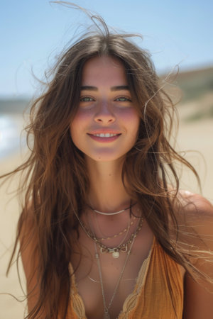 Close up portrait of a beautiful young brunette woman with long hair on the beachの素材