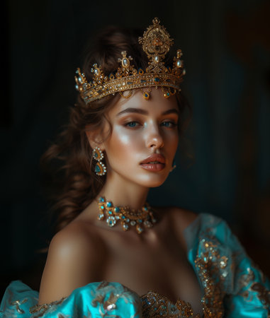 Portrait of a beautiful Italian princess in a luxurious dress with a crown. Beauty, fashion. 3d rendering.の素材