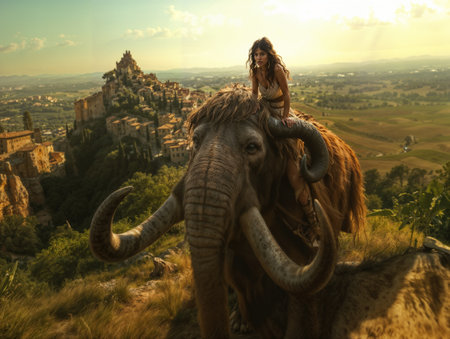 Girl and mammoth on the background of the mountains and the sunset. 3d rendering.の素材