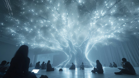 Silhouette of people sitting in front of big surreal tree with glowing lightの素材