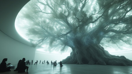 3D rendering of a fantasy space with a big tree and peopleの素材