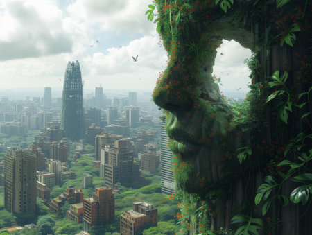 Surreal 3d render of a huge face statue with a hole in the green city.の素材