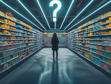 Conceptual image of a woman looking at the abundance of products in a supermarket aisle. 3d rendering.の素材