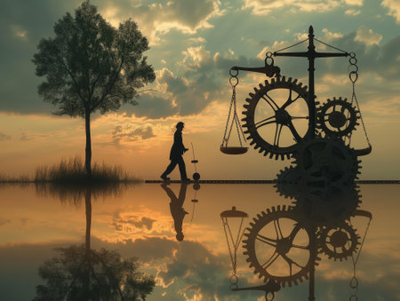 Silhouette of a person standing in front of a big gear mechanism with a reflection on the water. Conceptual 3d illustration.の素材