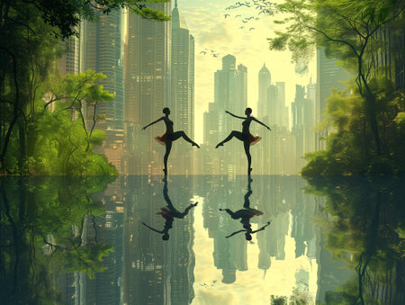 Ballet performance in the park with reflection in the water and skyscrapers. Conceptual 3d illustration.の素材