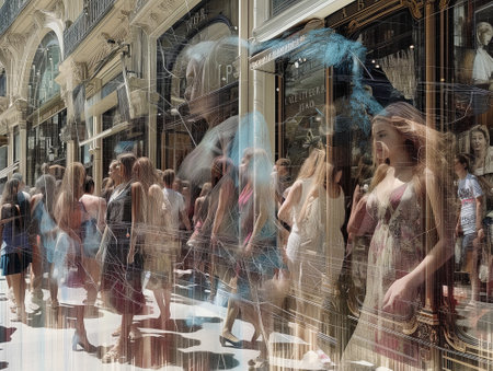 People in a luxurious shopping street. 3d illustration double exposure.の素材