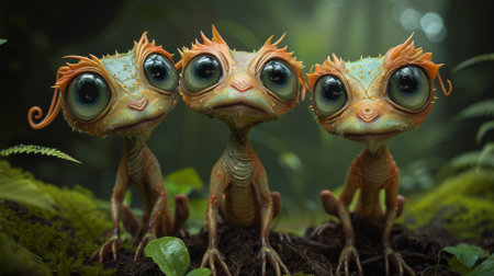 3D rendering of a group of funny frogs in the jungle.の素材