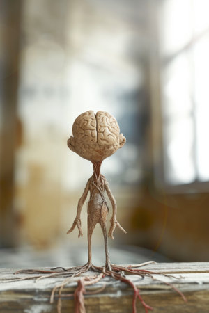 Fantasy figure with big human brain and roots. Close-up 3d rendering.の素材