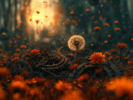 Dandelion flower in the forest at sunset. 3d rendering.の素材
