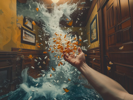 The man throws up the pills in the air. 3d renderingの素材
