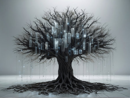 Digital illustration of a tree with binary code in the shape of a cityの素材