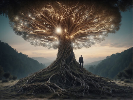 Man standing in the shape of a tree and looking at the sunの素材