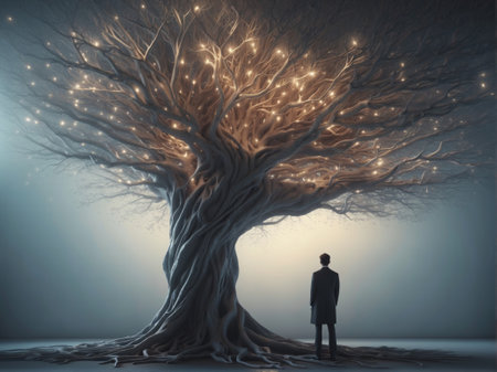 Businessman looking at a big tree with light coming out of it. 3d rendering.の素材