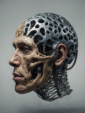 Artificial human head with metal headgear. 3D rendering.の素材