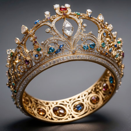 3d rendering of queen crown with precious stones on a gray background, close-upの素材
