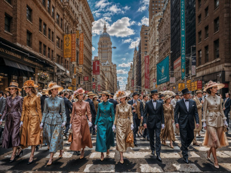 A group of fashionable people walking on the street of a big city. High-Res 3d Rendering.の素材