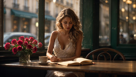 Beautiful young woman in white dress sitting in cafe and reading book. Photorealistic 3d rendering.の素材