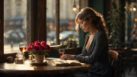 Young woman sitting at a table in a cafe, reading a book and drinking wine. 3d rendering.の素材