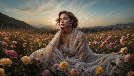 Beautiful young woman in a long white dress sits on a flower field. 3d rendering.の素材