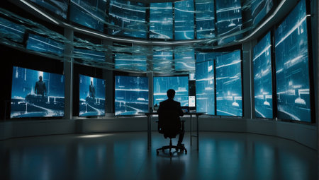 Rear view of businessman sitting at desk and looking at monitors in officeの素材