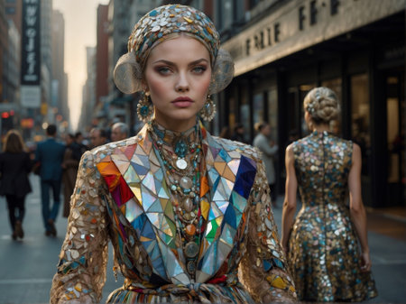 A model walks the street during the Fashion Week. 3d rendering.の素材