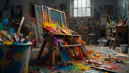 Artists palette with paints and brushes on the table in the studio. Digital rendering.の素材